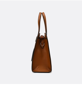 Side view of brown synthetic leather handbag with silver D-ring and zipper detail