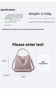 Size chart showing fashion PU leather bucket bag dimensions and iPad size comparison