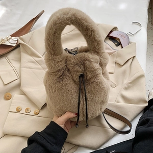 Women Plush Faux Fur Bucket Bag Soft Drawstring Handbag Crossbody Shoulder Bag Winter Fashion Versatile