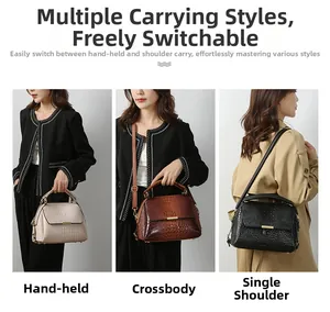 Three-way display of crocodile pattern handbags in beige, reddish brown, and black colors