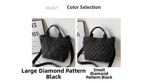 Dettaglio che confronta borse tote nere in nylon trapuntato grandi e piccole