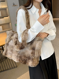 Grand sac cabas en fausse fourrure marron pour femme, sac à main en peluche hivernal
