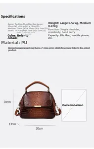 Detailed size specifications for the brown crocodile pattern PU leather tote handbag