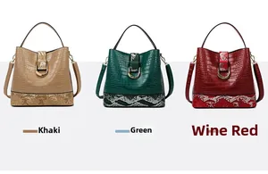 Detailed comparison of three crocodile embossed bucket bags in khaki, green and wine red