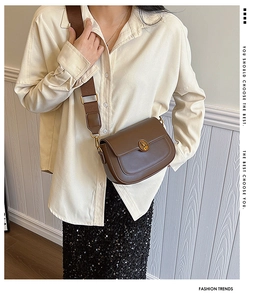Close-up of brown leather saddle bag with round gold metal buckle and wide strap