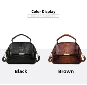 Detailed comparison of black and brown crocodile pattern handbags with metal handles