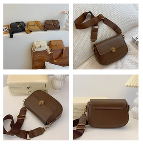 Detailed multi-angle view of vintage leather saddle bag with wide strap and gold hardware