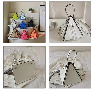 Vues détaillées d'un sac à main triangulaire avec cordon de serrage et couleurs vives