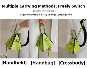 Détail d'un sac triangle vert fluo géométrique avec cordon et texture en cuir grainé
