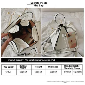 Detailed size chart and internal capacity overview of the triangle geometric handbag