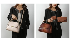 Detail view of crocodile pattern handbag set including wallet and card holder