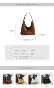 Detailed size chart and specifications for the quilted large capacity tote bag