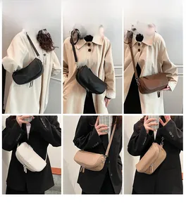 Detailed look at vertical ribbed crossbody pillow bags in black, brown, white, and beige