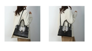 Detail of crossbody handbag featuring black crocodile and white snake pattern textures