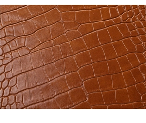 Close-up of brown crocodile pattern embossed leather texture on women's handbag