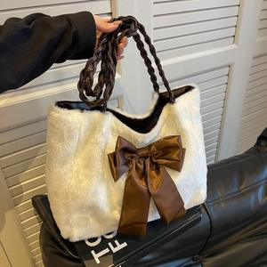 Plush Faux Fur Tote Bag For Women Large Capacity Large Sateen Bow Braided Handle Soft Fuzzy Underarm Shoulder Handbag