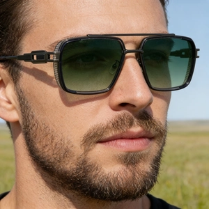 Détail des lunettes de soleil punk carrées avec monture noire et protections latérales