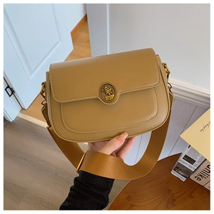Detail of vintage khaki crossbody bag with golden relief buckle and canvas strap