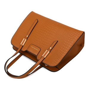 Brown crocodile embossed tote handbag set with top handles and golden metallic hardware