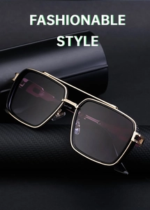 Vue détaillée des lunettes de soleil punk carrées avec monture dorée et double pont métallique