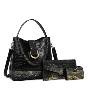 Three-piece black crocodile embossed bucket bag set with snake print and gold hardware