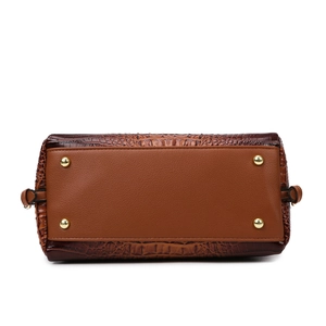 Brown crocodile texture handbag with four gold protective metal feet and leather base detail
