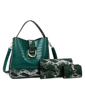 Three-piece women's green faux crocodile leather handbag set with shoulder strap