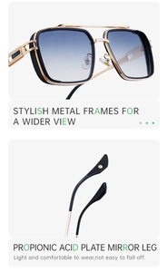 Détail des lunettes de soleil carrées montrant la monture en métal et les branches