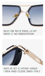 Détail des plaquettes en silicone et des charnières antirouille de lunettes de soleil