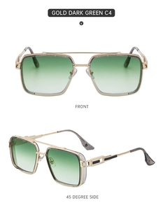 Détail de lunettes pilote carrées dorées avec verres vert foncé et texture maille latérale