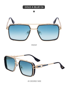 Vues de face et de profil à 45 degrés de lunettes de soleil carrées dorées à verres bleus