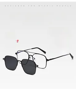 Detail of magnetic clip-on attachment on square black polarized sunglasses frame