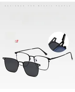 Detail view of magnetic clip-on sunglasses with square frame for myopic people