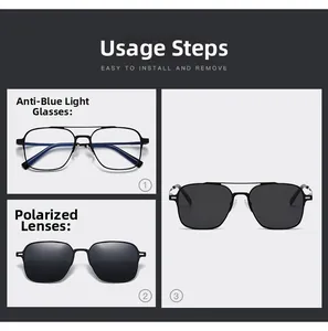 Three-step guide for magnetic clip-on sunglasses showing polarized lens installation