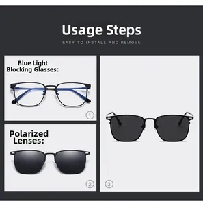Three-step guide showing easy magnetic clip-on polarized lens installation on square frames