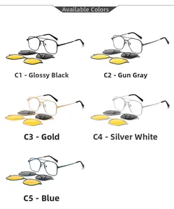 Square magnetic clip-on sunglasses set with five frame color options for men and women