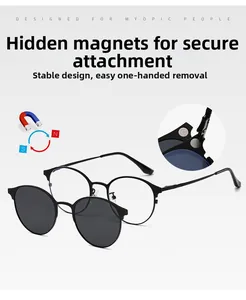 Close-up of magnetic clip-on sunglasses showing hidden magnet attachment and frame