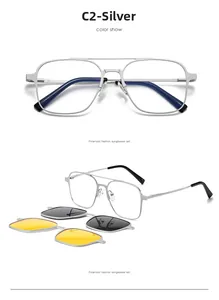 Silver metal square frames with gray and yellow magnetic polarized clip-on lenses