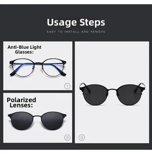 Three-step guide for attaching magnetic polarized clip-on lenses to round metal frame glasses