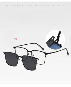 Macro detail of magnetic clip-on attachment on square frame polarized sunglasses