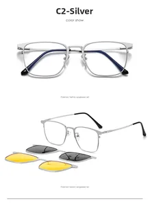 Polarized magnetic clip-on sunglasses set with silver square metal frame and yellow lens