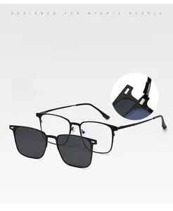 Detail of hidden magnetic attachment on square frame sunglasses for myopic people