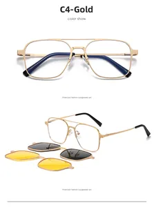 Detail of gold frame glasses with magnetic polarized lenses and night vision clip-on
