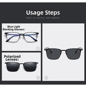 Three-step guide for magnetic square polarized clip-on sunglasses and blue light glasses