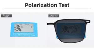 Polarized lens test showing a hidden fishing pattern on a blue card with square frame glasses
