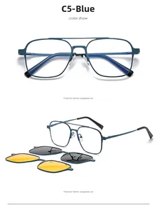 Blue metal square frame glasses with magnetic polarized sun and night vision clips