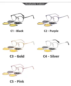 Five colors of metal round frames with magnetic clip-on lenses for versatile sun protection