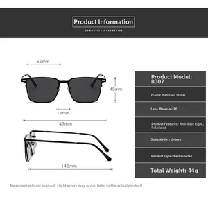 Detailed size chart for square frame magnetic sunglasses showing frame and lens dimensions