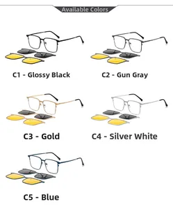 Square magnetic clip-on sunglasses set with five frame colors and functional lenses