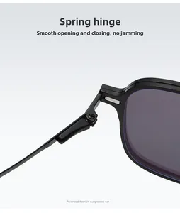Detailed view of flexible spring hinge on square frame polarized sunglasses for men